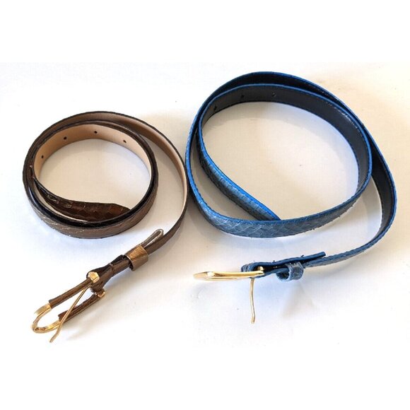 Lot Of Two Women's Skinny Belts Genuine Reptile Leather Blue Gold 5 Holes Size M - Picture 1 of 12